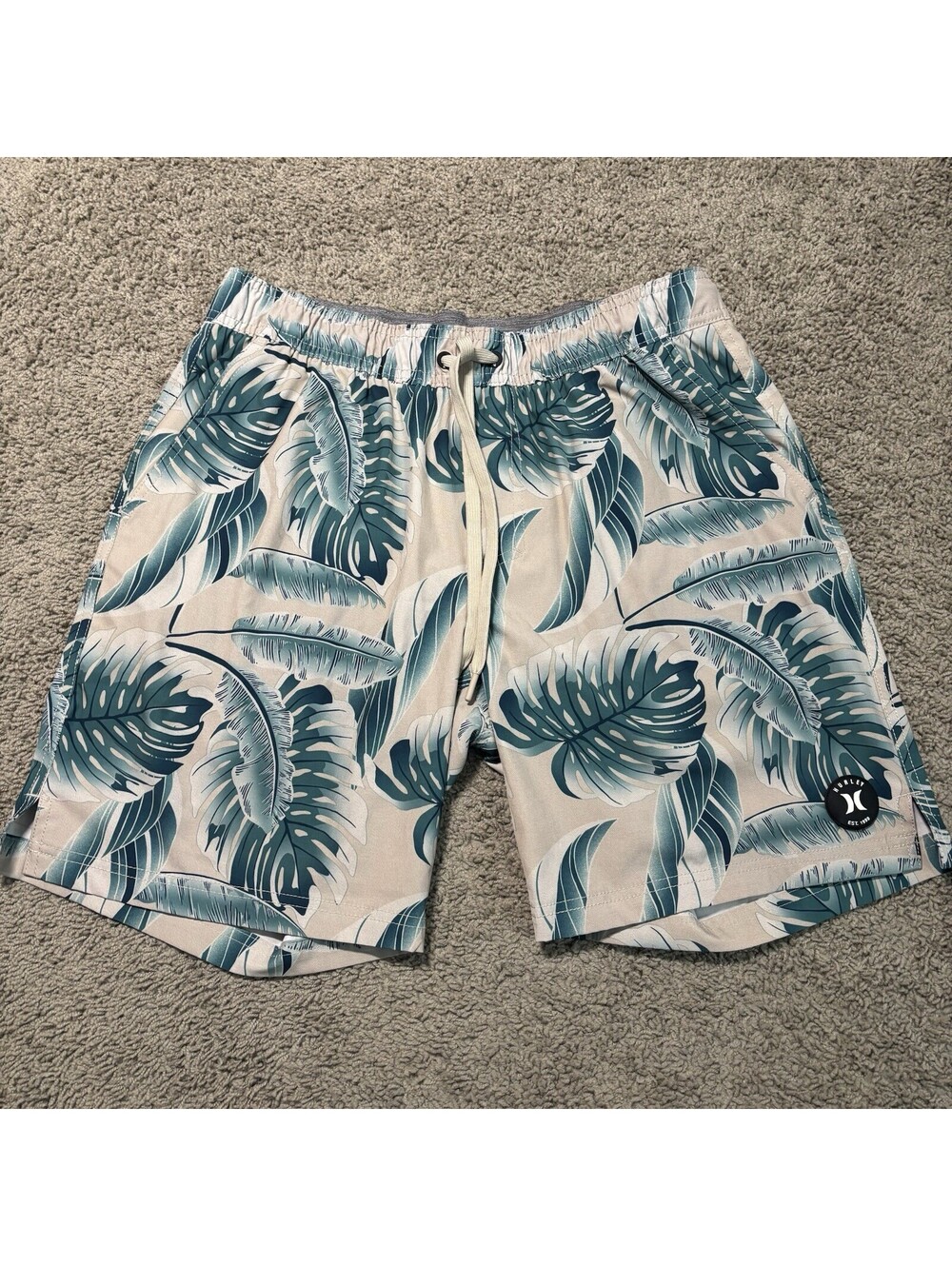 Hurley Swim Trunks Mens Large Tropical Floral Leaf Board Shorts Beige Teal